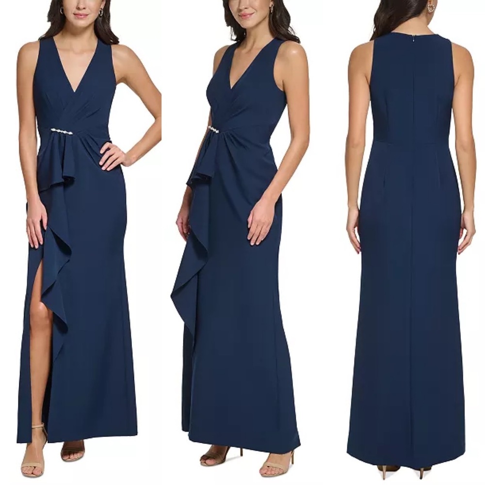 ELIZA J NAVY Blue cascading ruffle side slit V-neck gown Dress size 14